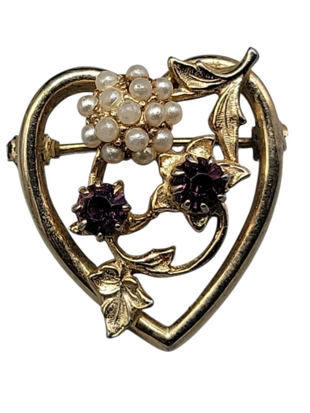Vintage Heart-Shaped Gold Tone Brooch With Faux Pearl & Amethyst Rhinestones